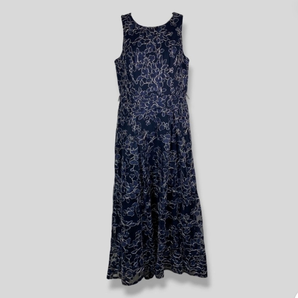 Alex & Eve Embroidered High-Low Midi Navy Dress